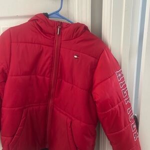 Tommy Hilfiger Red Puffer Jacket with Hood and Quilted Design